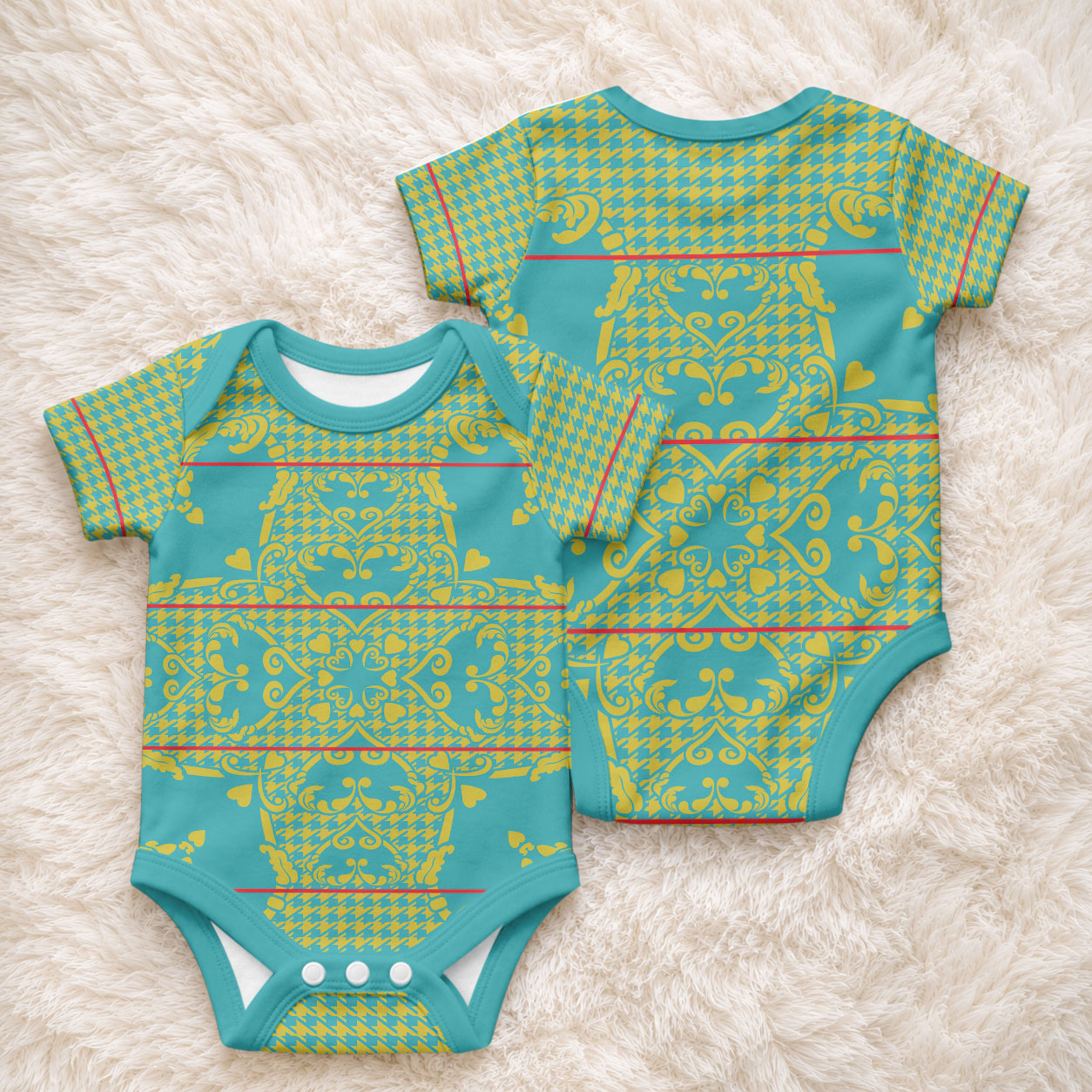 Green Hearts Crown Traditional Geometry Baby Onesie Seanamarena Basotho Blanket Inspired