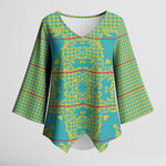 Green Hearts Crown Traditional Geometry Kimono Sleeve Blouse Seanamarena Basotho Blanket Inspired