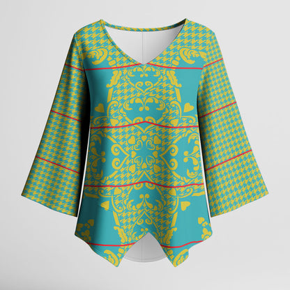 Green Hearts Crown Traditional Geometry Kimono Sleeve Blouse Seanamarena Basotho Blanket Inspired