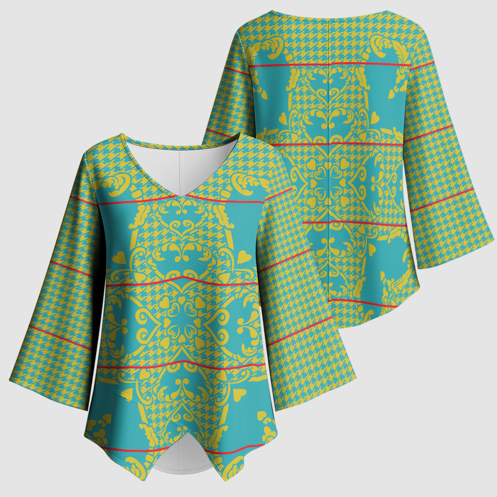 Green Hearts Crown Traditional Geometry Kimono Sleeve Blouse Seanamarena Basotho Blanket Inspired