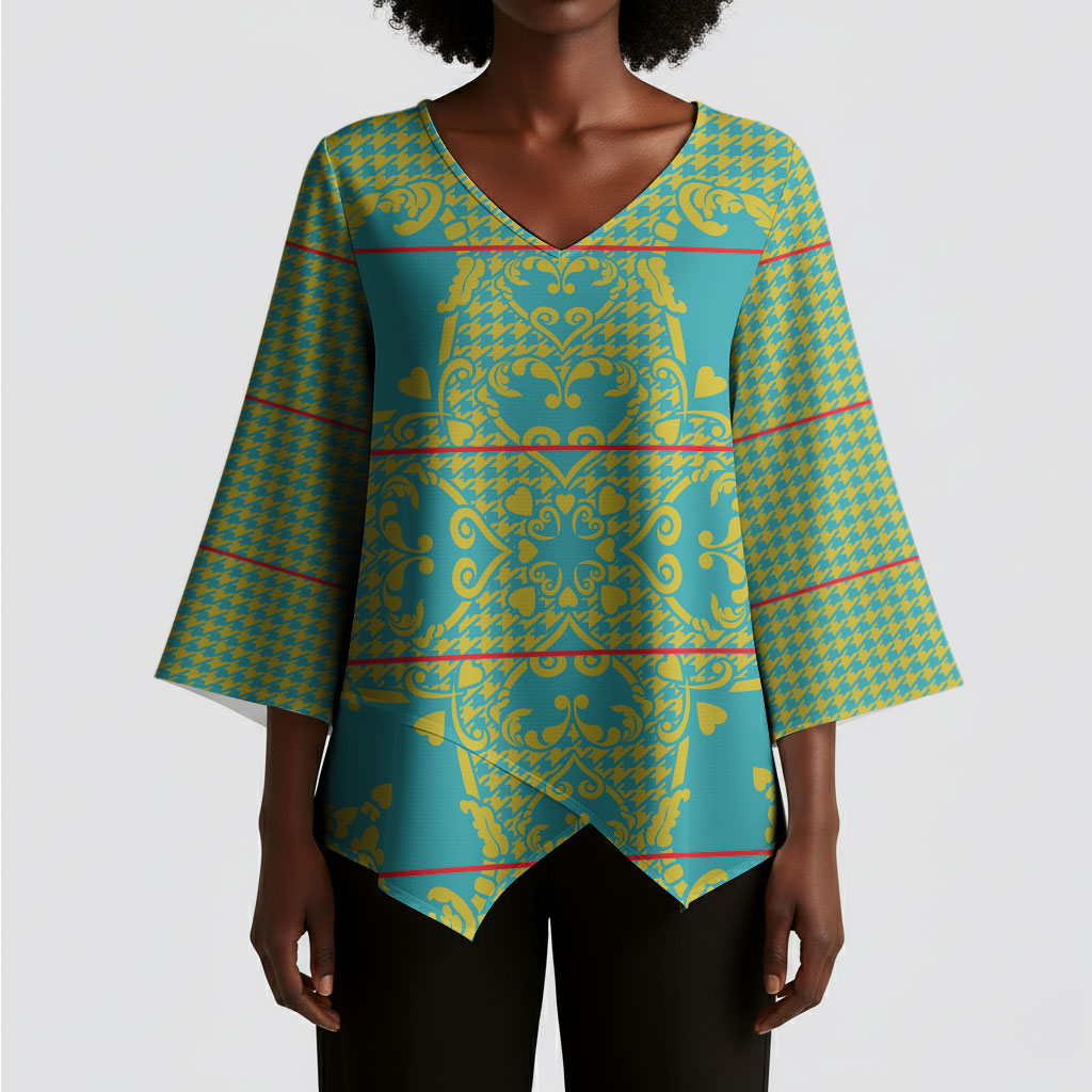 Green Hearts Crown Traditional Geometry Kimono Sleeve Blouse Seanamarena Basotho Blanket Inspired