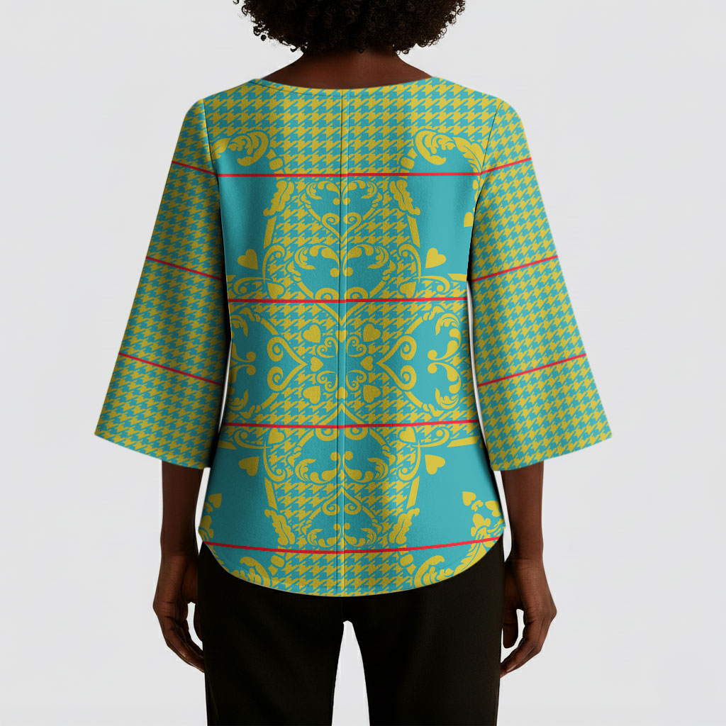 Green Hearts Crown Traditional Geometry Kimono Sleeve Blouse Seanamarena Basotho Blanket Inspired