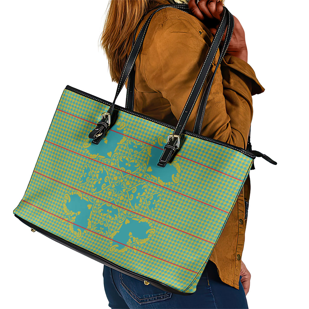 Green Hearts Crown Traditional Geometry Leather Tote Bag Seanamarena Basotho Blanket Inspired