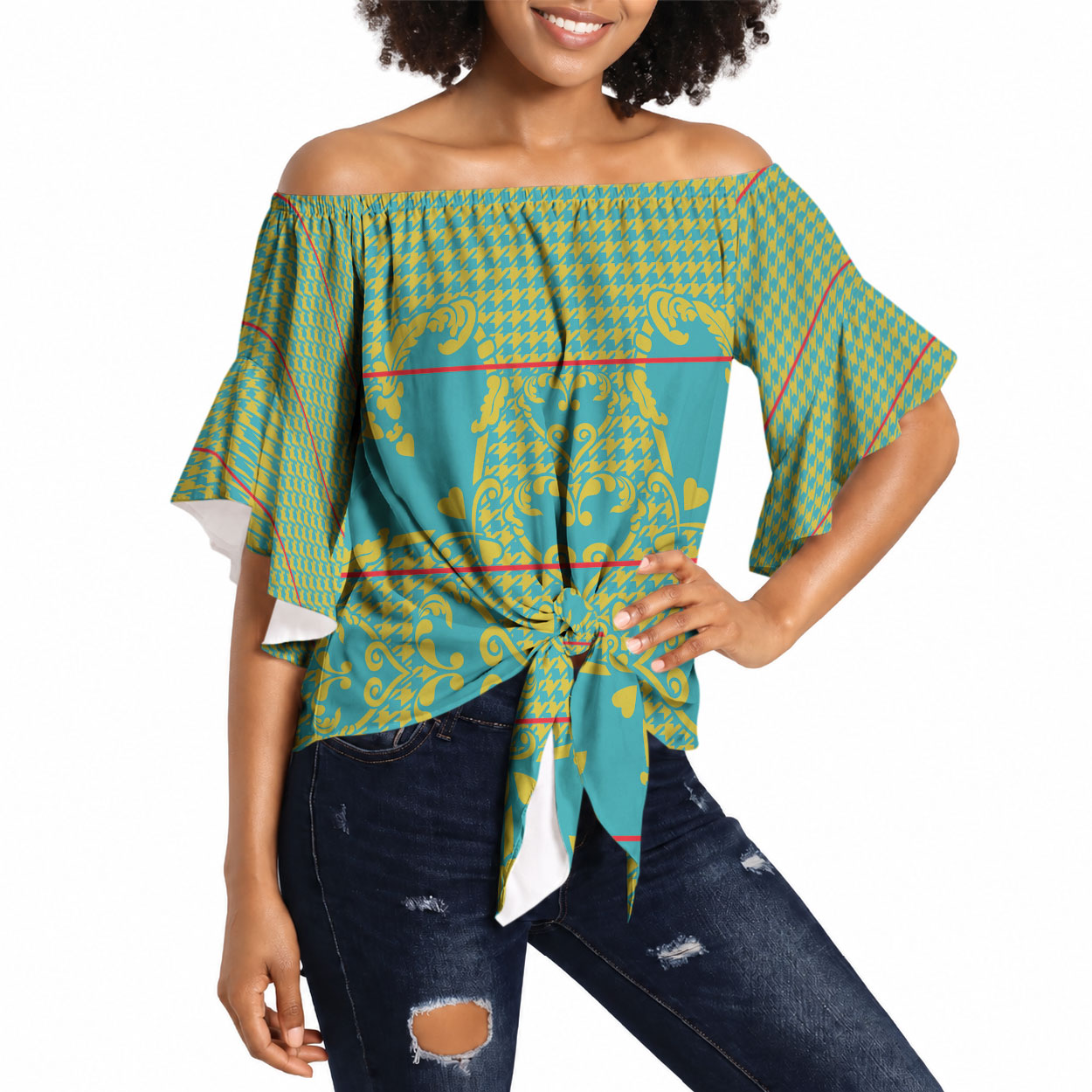 Green Hearts Crown Traditional Geometry Off Shoulder Wrap Waist Top Seanamarena Basotho Blanket Inspired