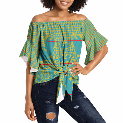 Green Hearts Crown Traditional Geometry Off Shoulder Wrap Waist Top Seanamarena Basotho Blanket Inspired
