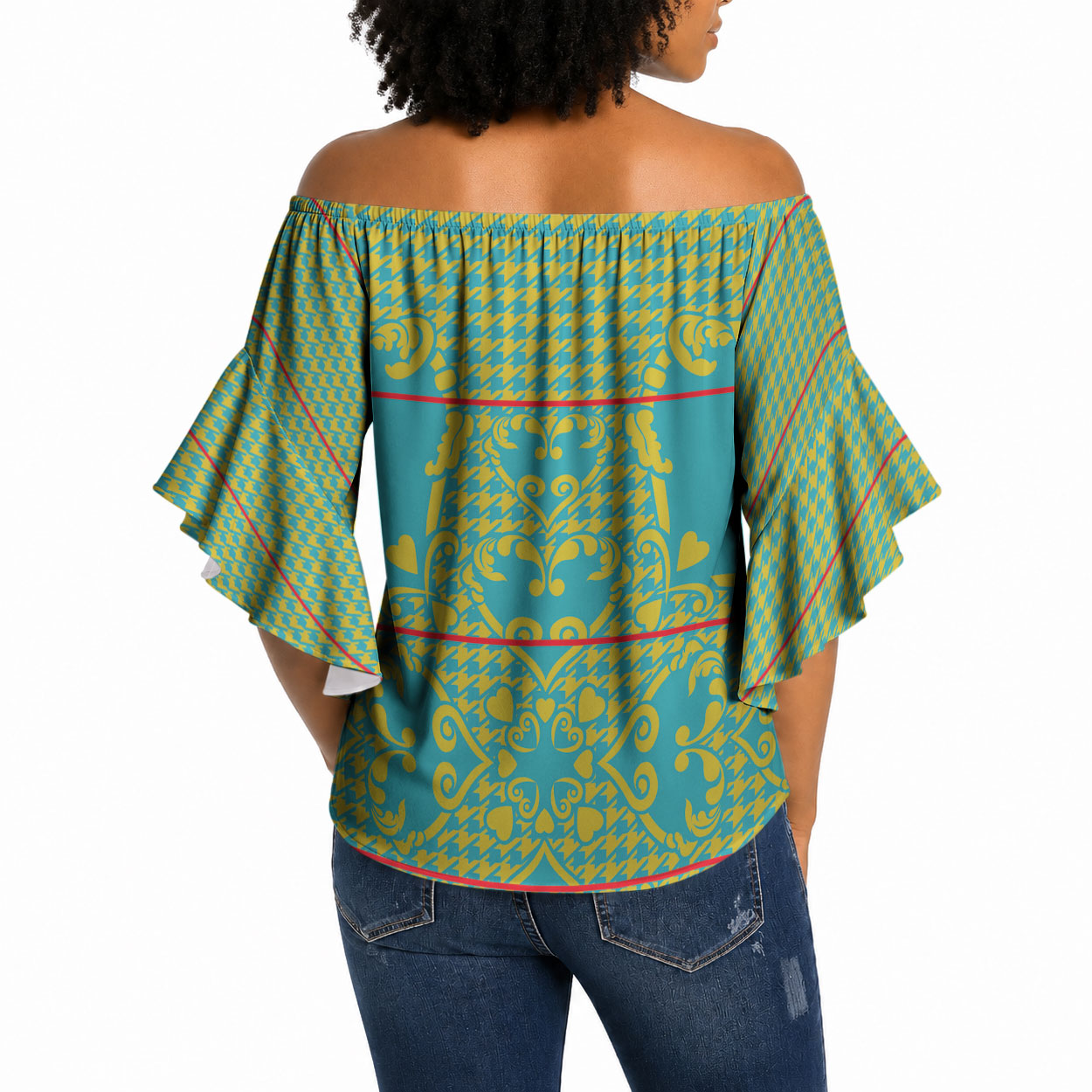 Green Hearts Crown Traditional Geometry Off Shoulder Wrap Waist Top Seanamarena Basotho Blanket Inspired