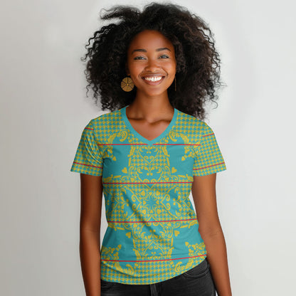 Green Hearts Crown Traditional Geometry Women V-Neck T-Shirt Seanamarena Basotho Blanket Inspired