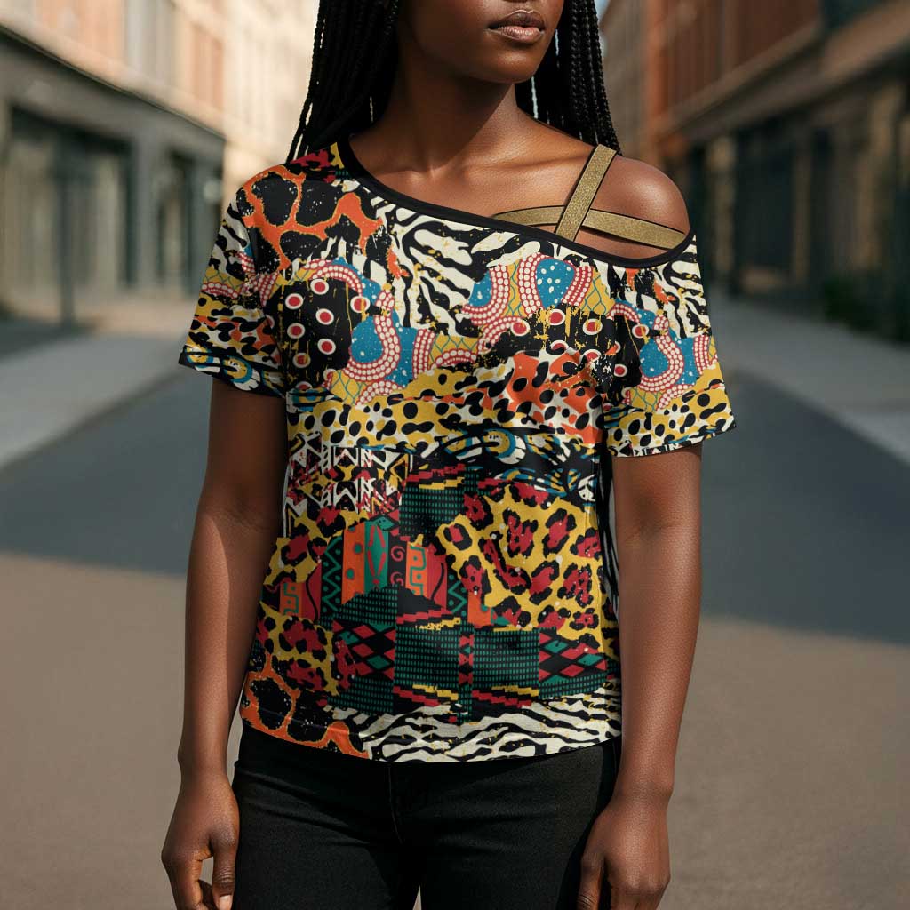 African Mixed Wild Animal Skins Cross Shoulder Shirt