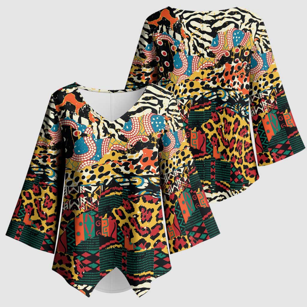 African Mixed Wild Animal Skins Kimono Sleeve Blouse