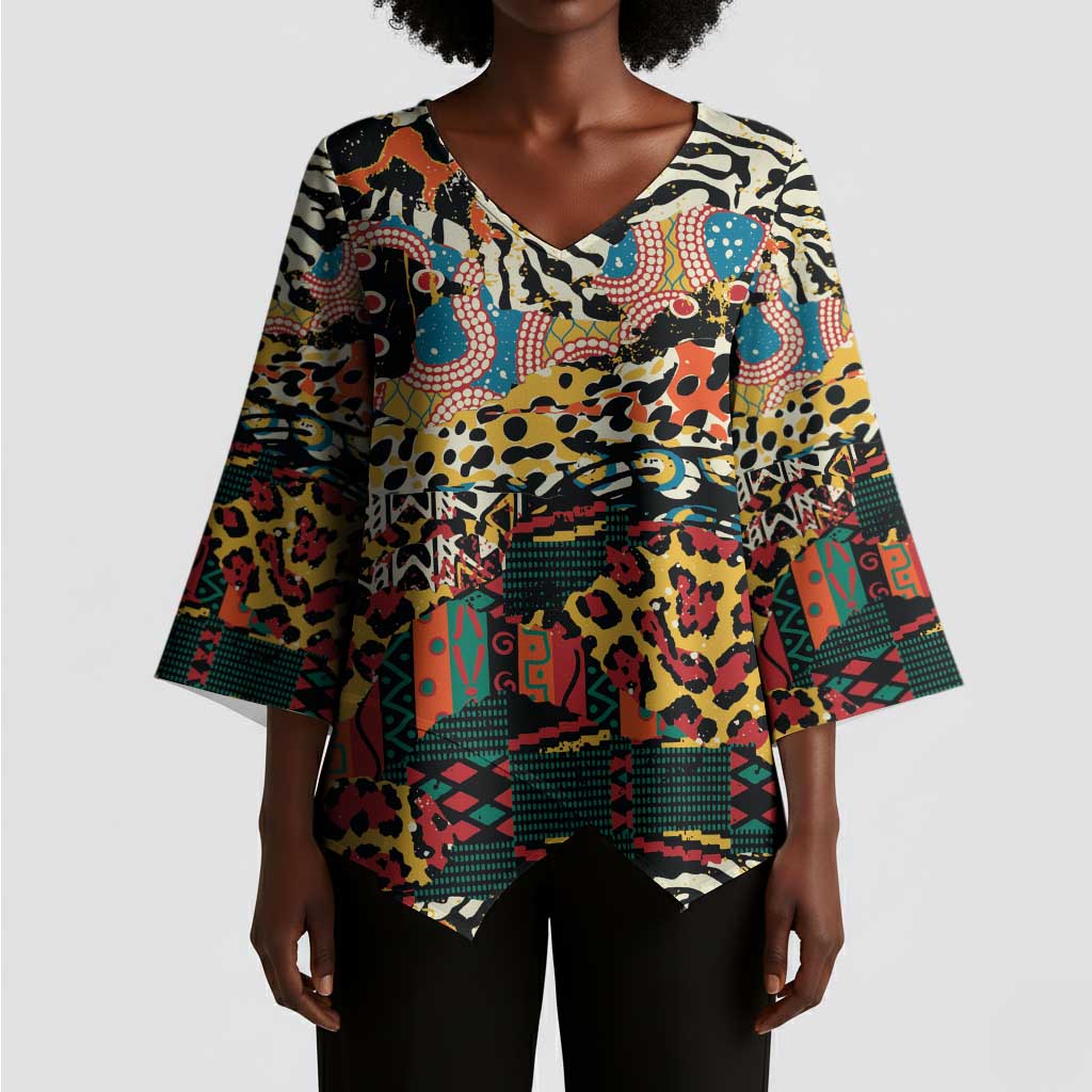 African Mixed Wild Animal Skins Kimono Sleeve Blouse