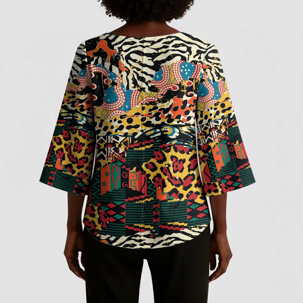African Mixed Wild Animal Skins Kimono Sleeve Blouse
