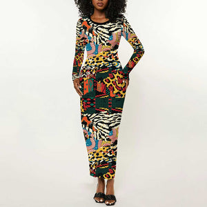 African Mixed Wild Animal Skins Long Sleeve Bodycon Dress LT9