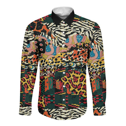 African Mixed Wild Animal Skins Long Sleeve Button Shirt