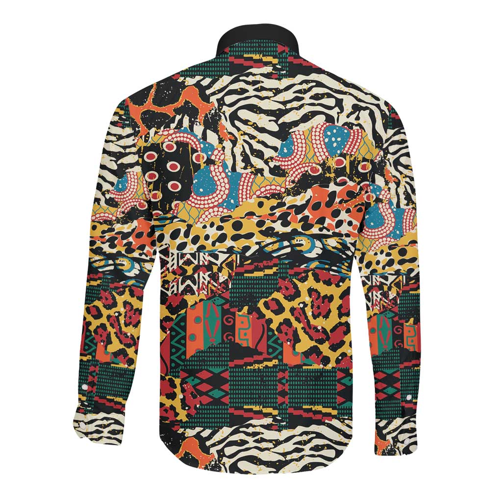 African Mixed Wild Animal Skins Long Sleeve Button Shirt