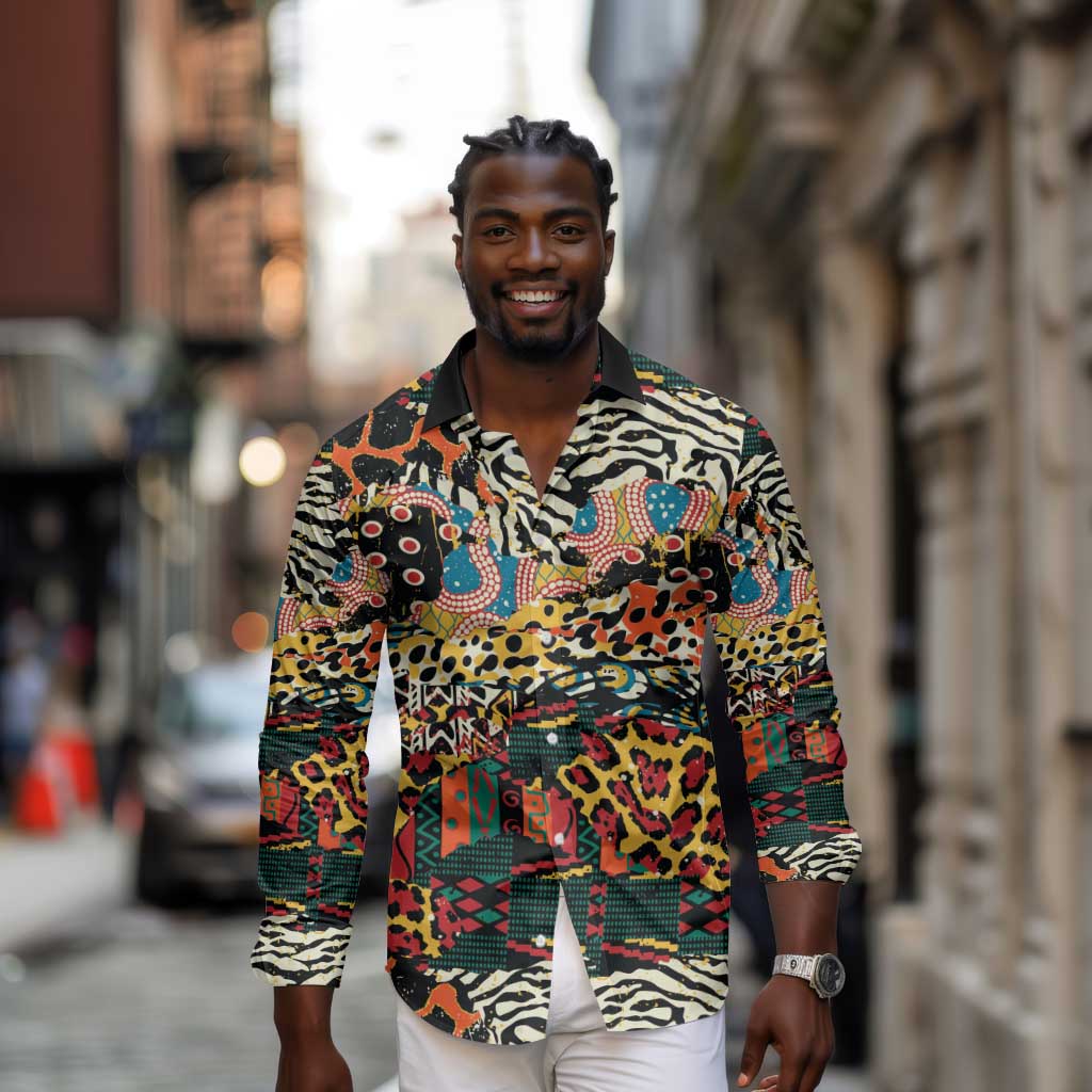 African Mixed Wild Animal Skins Long Sleeve Button Shirt