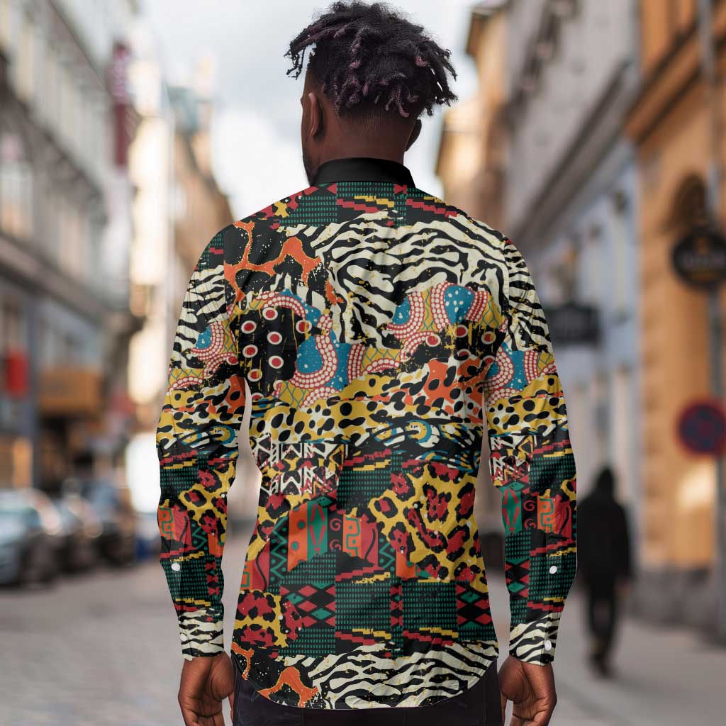 African Mixed Wild Animal Skins Long Sleeve Button Shirt