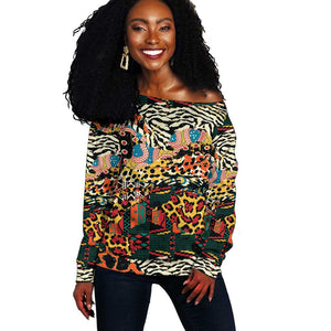African Mixed Wild Animal Skins Off Shoulder Sweater