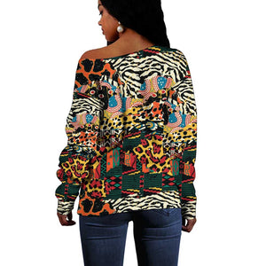African Mixed Wild Animal Skins Off Shoulder Sweater