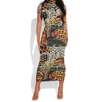 African Mixed Wild Animal Skins Short Sleeve Bodycon Dress LT9