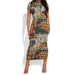 African Mixed Wild Animal Skins Short Sleeve Bodycon Dress LT9