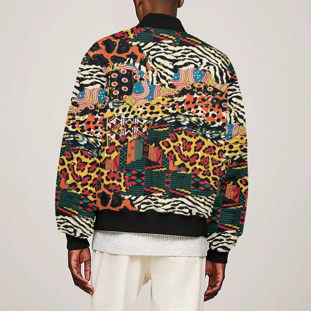 African Mixed Wild Animal Skins Sleeve Zip Bomber Jacket