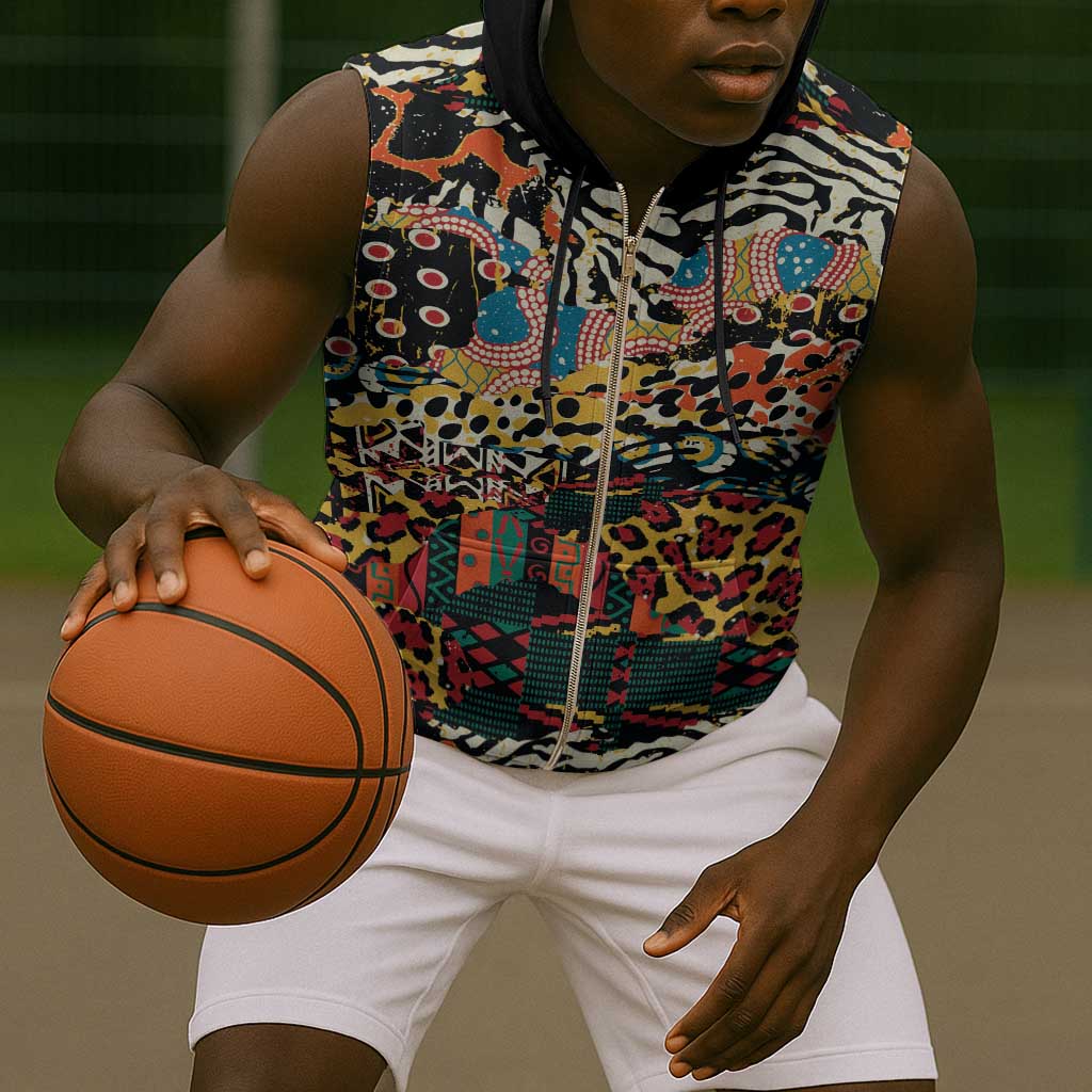 African Mixed Wild Animal Skins Sleeveless Zip Hoodie - African Pride
