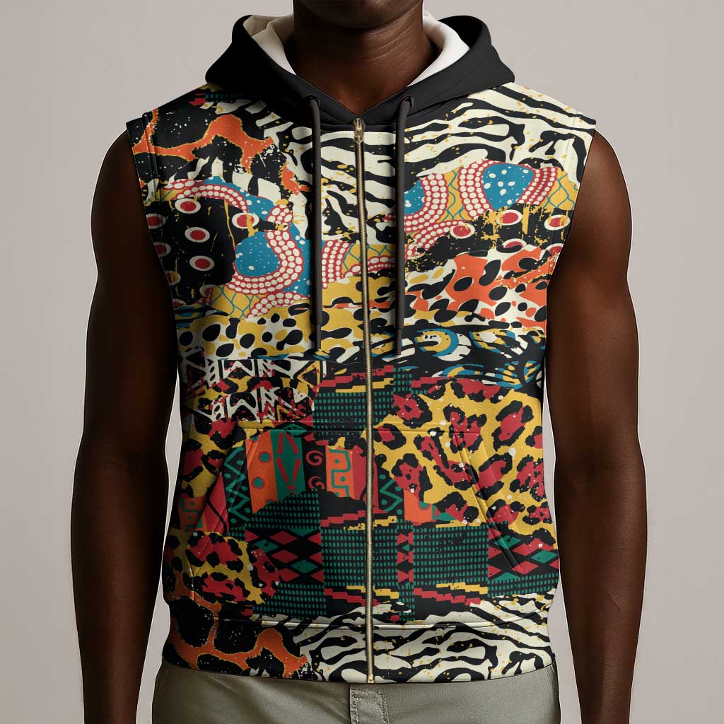 African Mixed Wild Animal Skins Sleeveless Zip Hoodie - African Pride