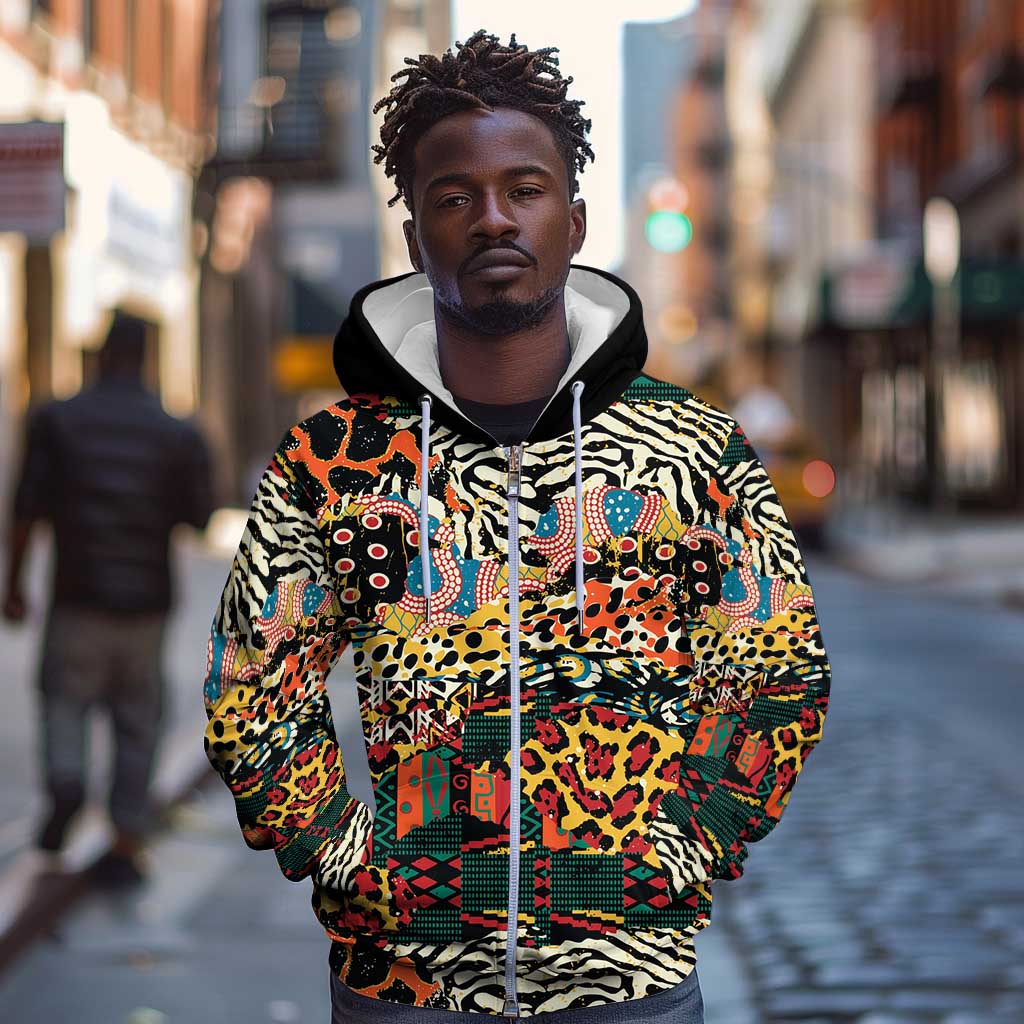 African Mixed Wild Animal Skins Zip Hoodie
