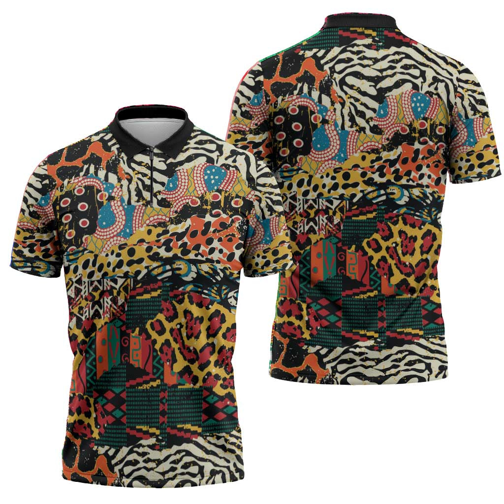African Mixed Wild Animal Skins Zipper Polo Shirt