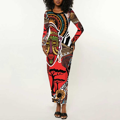 Beautiful African Women Ethnic Motifs Long Sleeve Bodycon Dress LT9