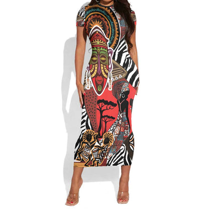 Beautiful African Women Ethnic Motifs Short Sleeve Bodycon Dress LT9