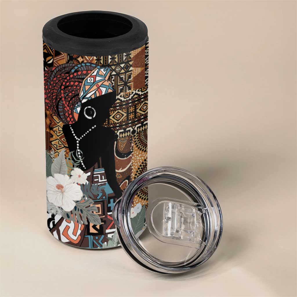 Beautiful Black Woman 4 in 1 Can Cooler Tumbler African Tribal Pattern