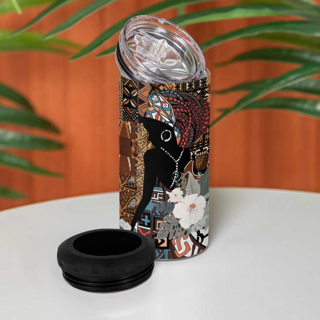 Beautiful Black Woman 4 in 1 Can Cooler Tumbler African Tribal Pattern