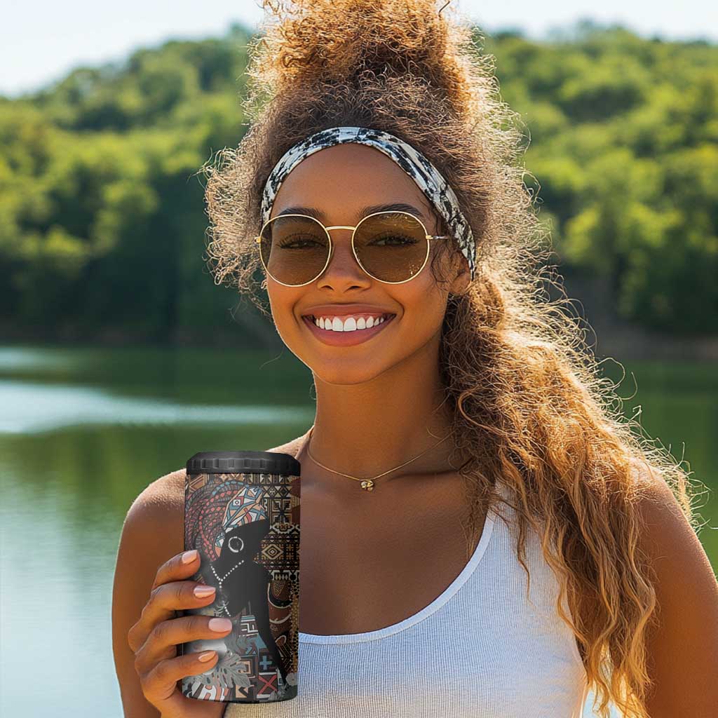 Beautiful Black Woman 4 in 1 Can Cooler Tumbler African Tribal Pattern