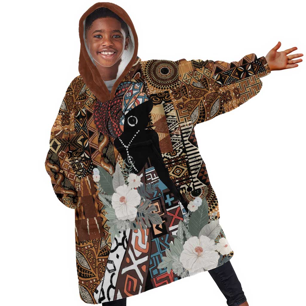 Beautiful Black Woman Kid Wearable Blanket Hoodie African Tribal Pattern