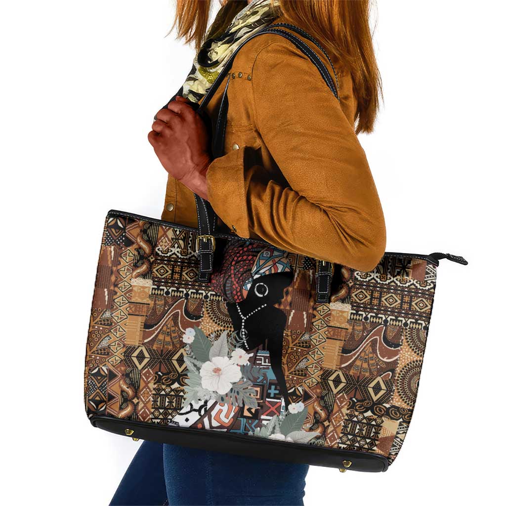 Beautiful Black Woman Leather Tote Bag African Tribal Pattern