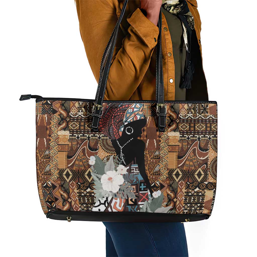 Beautiful Black Woman Leather Tote Bag African Tribal Pattern