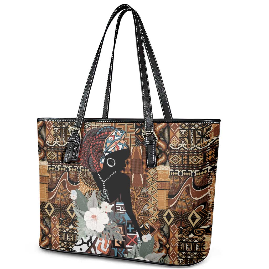 Beautiful Black Woman Leather Tote Bag African Tribal Pattern