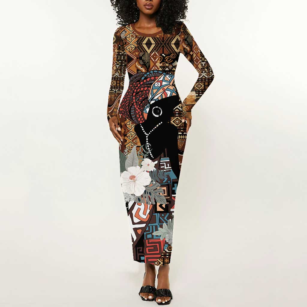 Beautiful Black Woman Long Sleeve Bodycon Dress African Tribal Pattern LT9