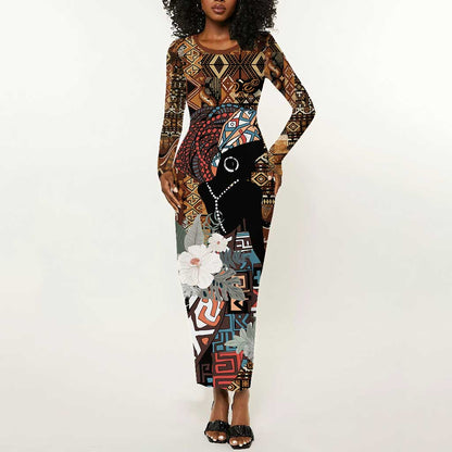 Beautiful Black Woman Long Sleeve Bodycon Dress African Tribal Pattern LT9