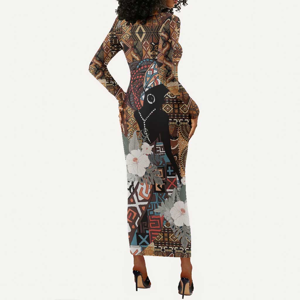 Beautiful Black Woman Long Sleeve Bodycon Dress African Tribal Pattern LT9