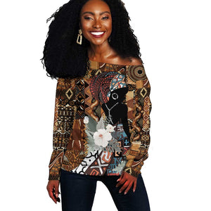 Beautiful Black Woman Off Shoulder Sweater African Tribal Pattern
