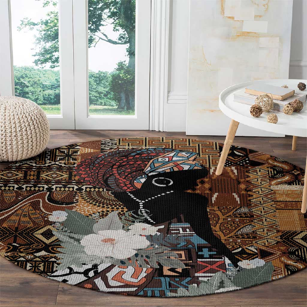 Beautiful Black Woman Round Carpet African Tribal Pattern