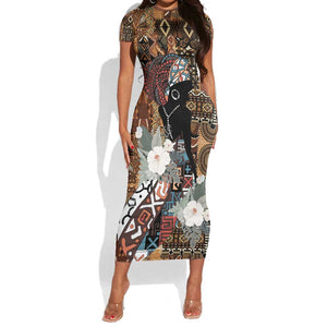 Beautiful Black Woman Short Sleeve Bodycon Dress African Tribal Pattern LT9