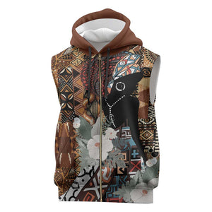 Beautiful Black Woman Sleeveless Zip Hoodie African Tribal Pattern - African Pride