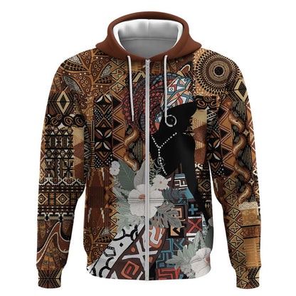 Beautiful Black Woman Zip Hoodie African Tribal Pattern