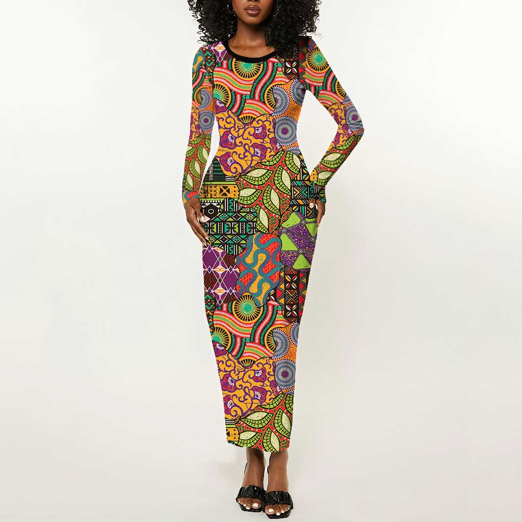 Traditional Ethnic African Vintage Motifs Long Sleeve Bodycon Dress LT9