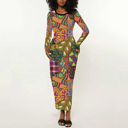 Traditional Ethnic African Vintage Motifs Long Sleeve Bodycon Dress LT9