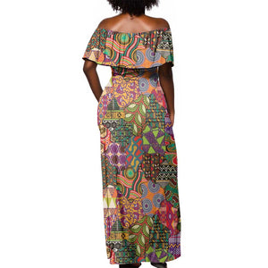 Traditional Ethnic African Vintage Motifs Off Shoulder Maxi Dress