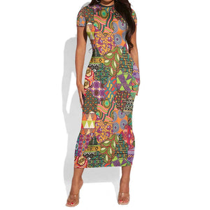 Traditional Ethnic African Vintage Motifs Short Sleeve Bodycon Dress LT9
